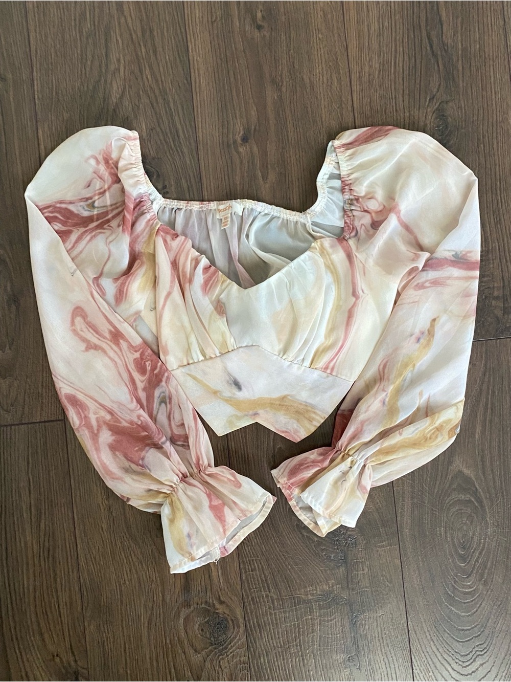 Marble-Print Puff Sleeve Crop Top - Pink & Cream Tones